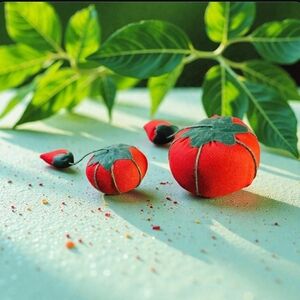 2 Vintage Red Tomato Pin Cushion With Needle Sharper